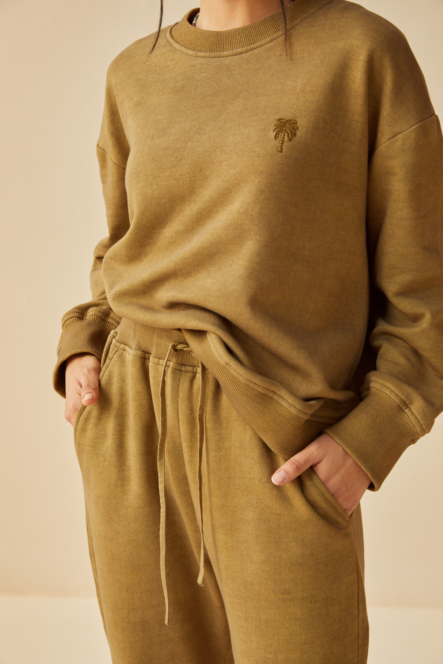 The Palmy olive organic cotton terry jumper