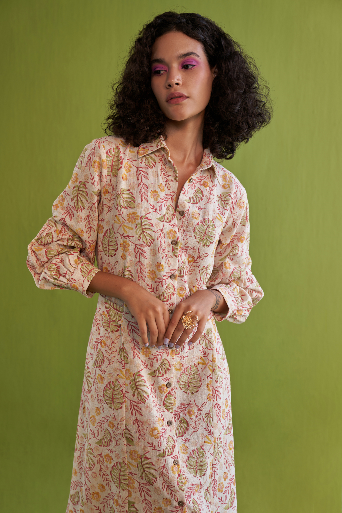 Wild Monstera Handwoven Organic Cotton Midi Shirt Dress