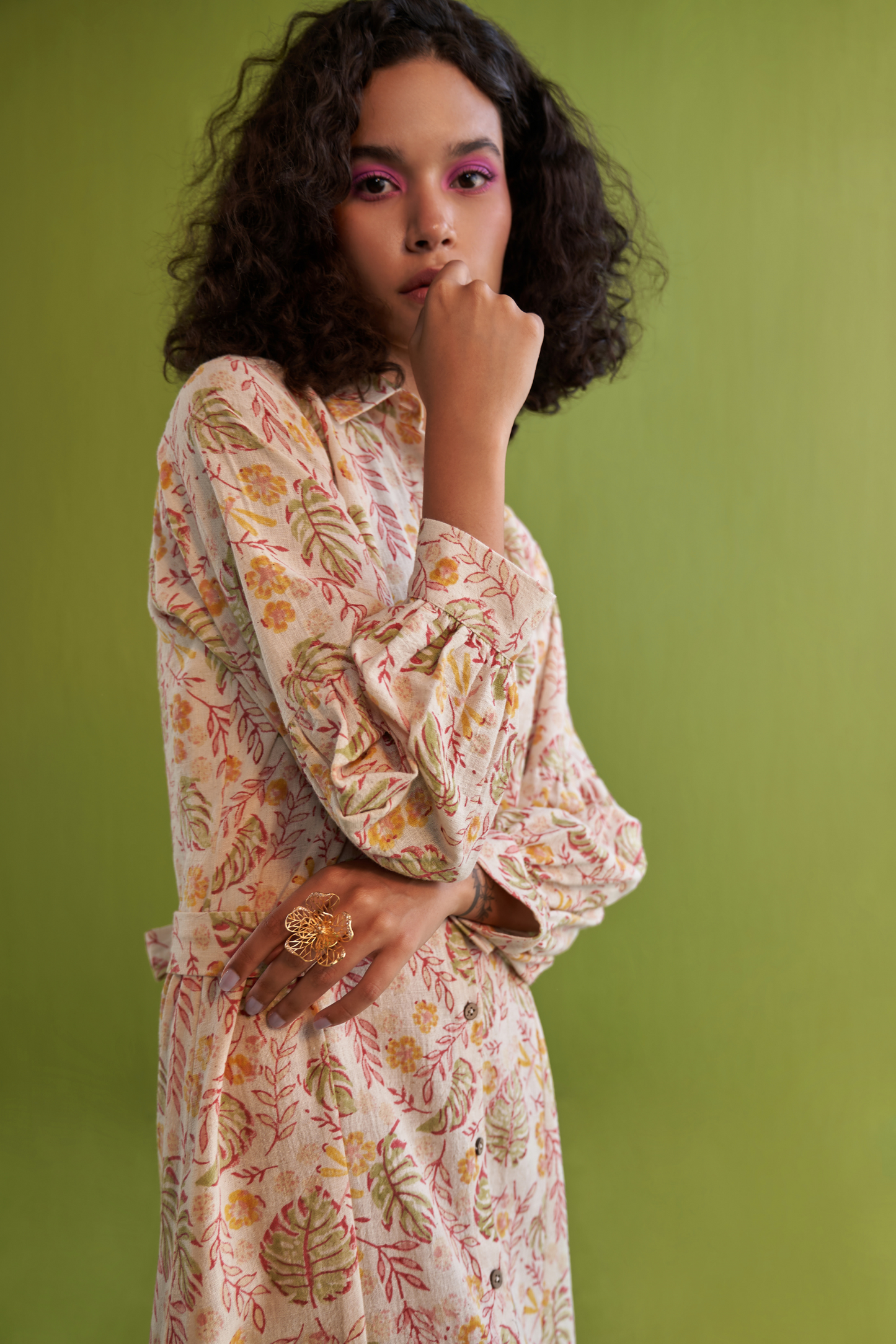 Wild Monstera Handwoven Organic Cotton Midi Shirt Dress