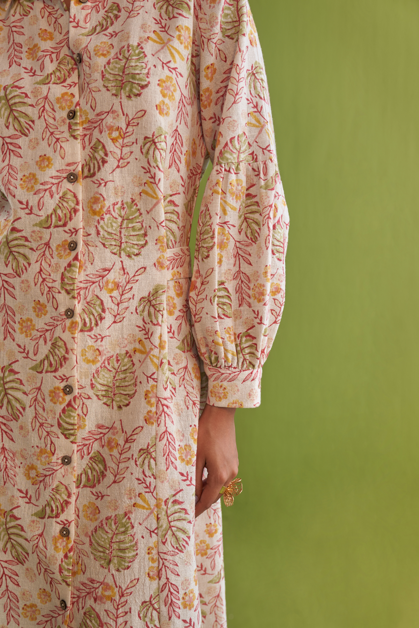 Wild Monstera Handwoven Organic Cotton Midi Shirt Dress