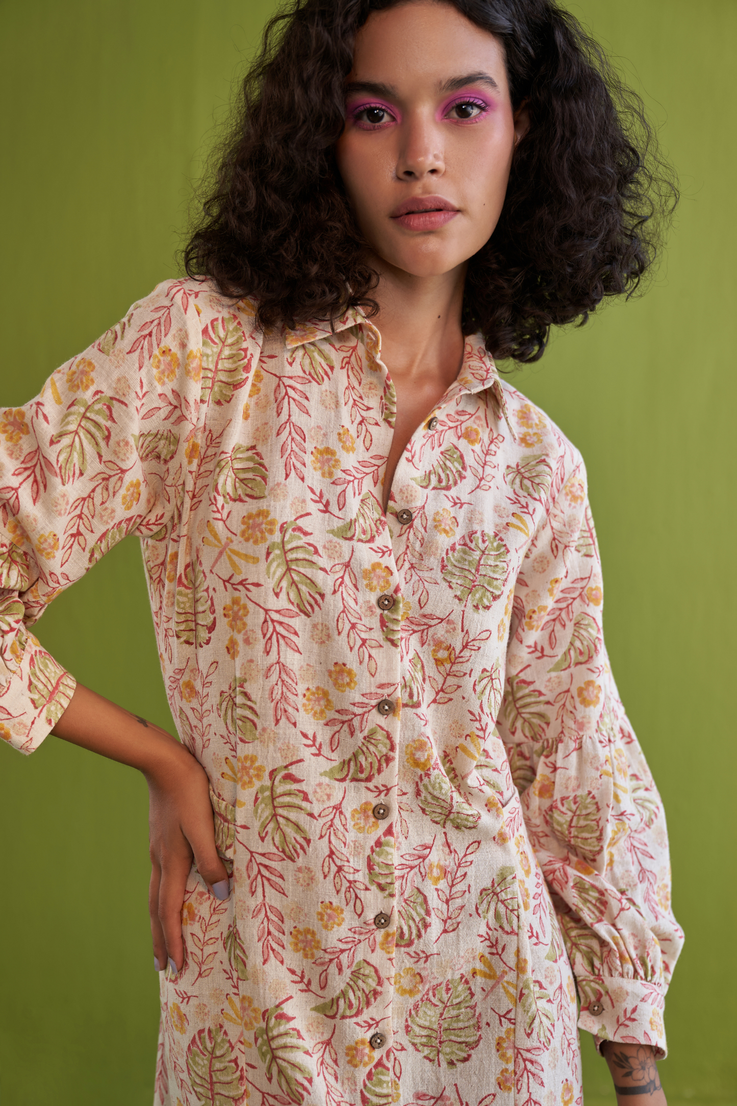 Wild Monstera Handwoven Organic Cotton Midi Shirt Dress