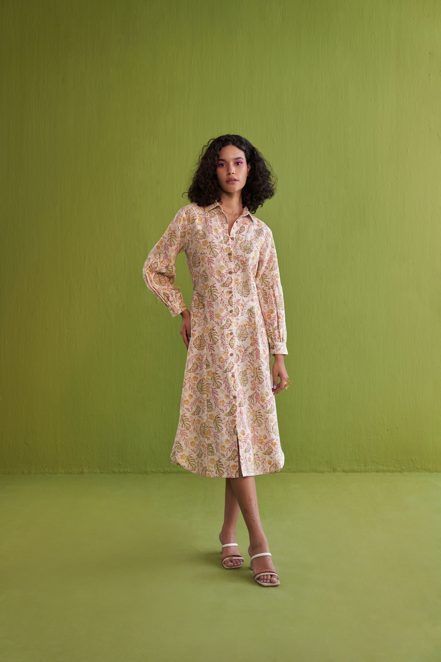 Wild Monstera Handwoven Organic Cotton Midi Shirt Dress