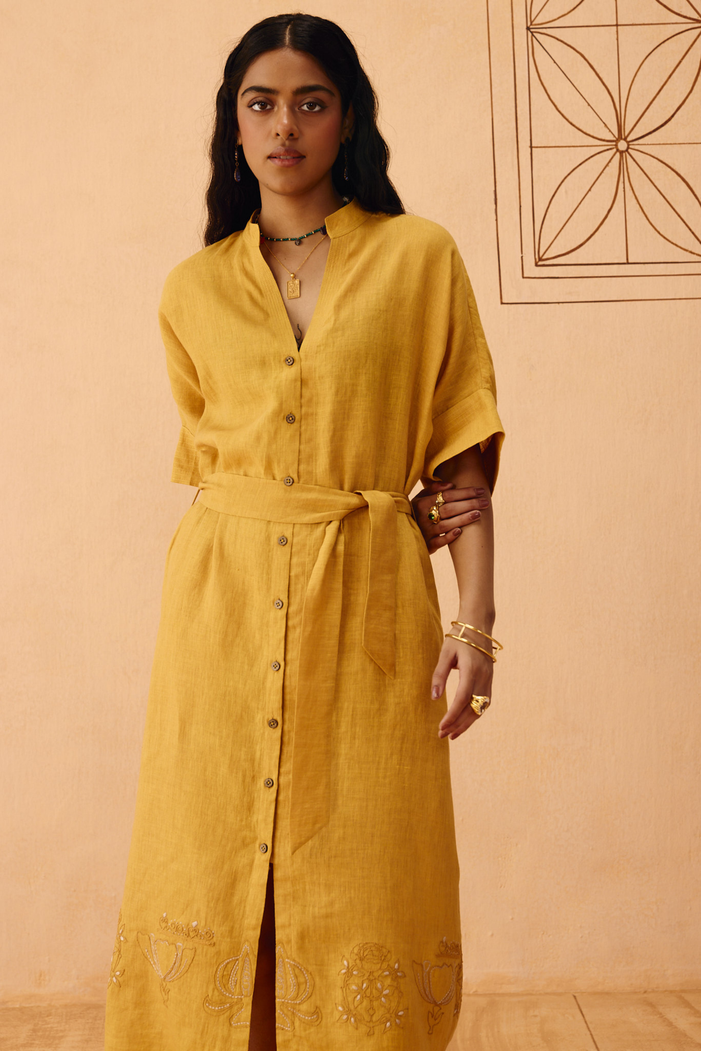 Golden Palm Linen Maxi Dress