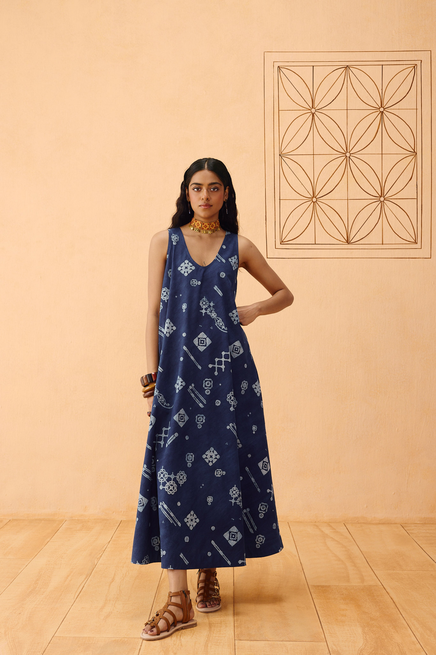 Indigo Ornament Organic Cotton Maxi Dress