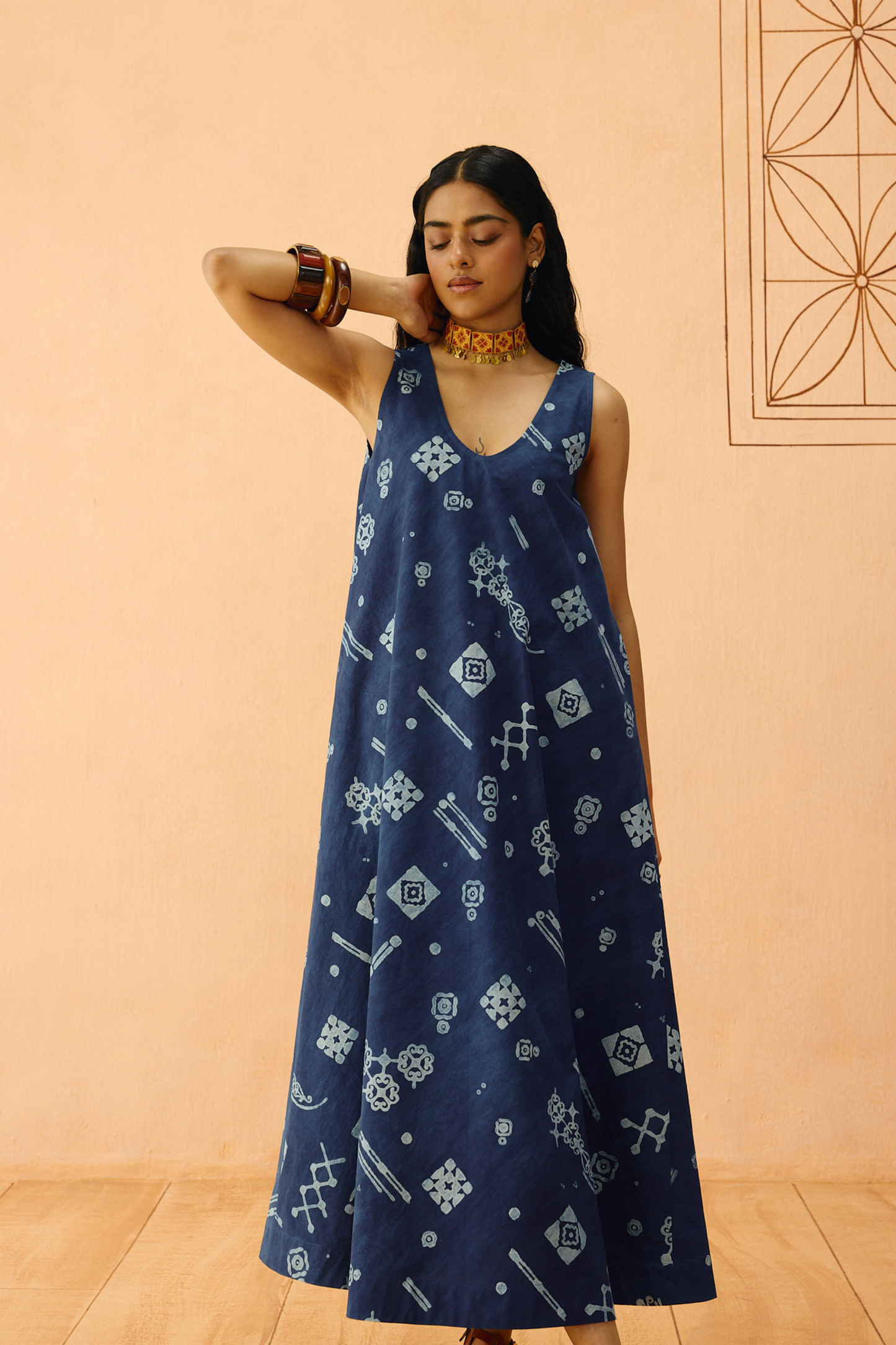 Indigo Ornament Organic Cotton Maxi Dress