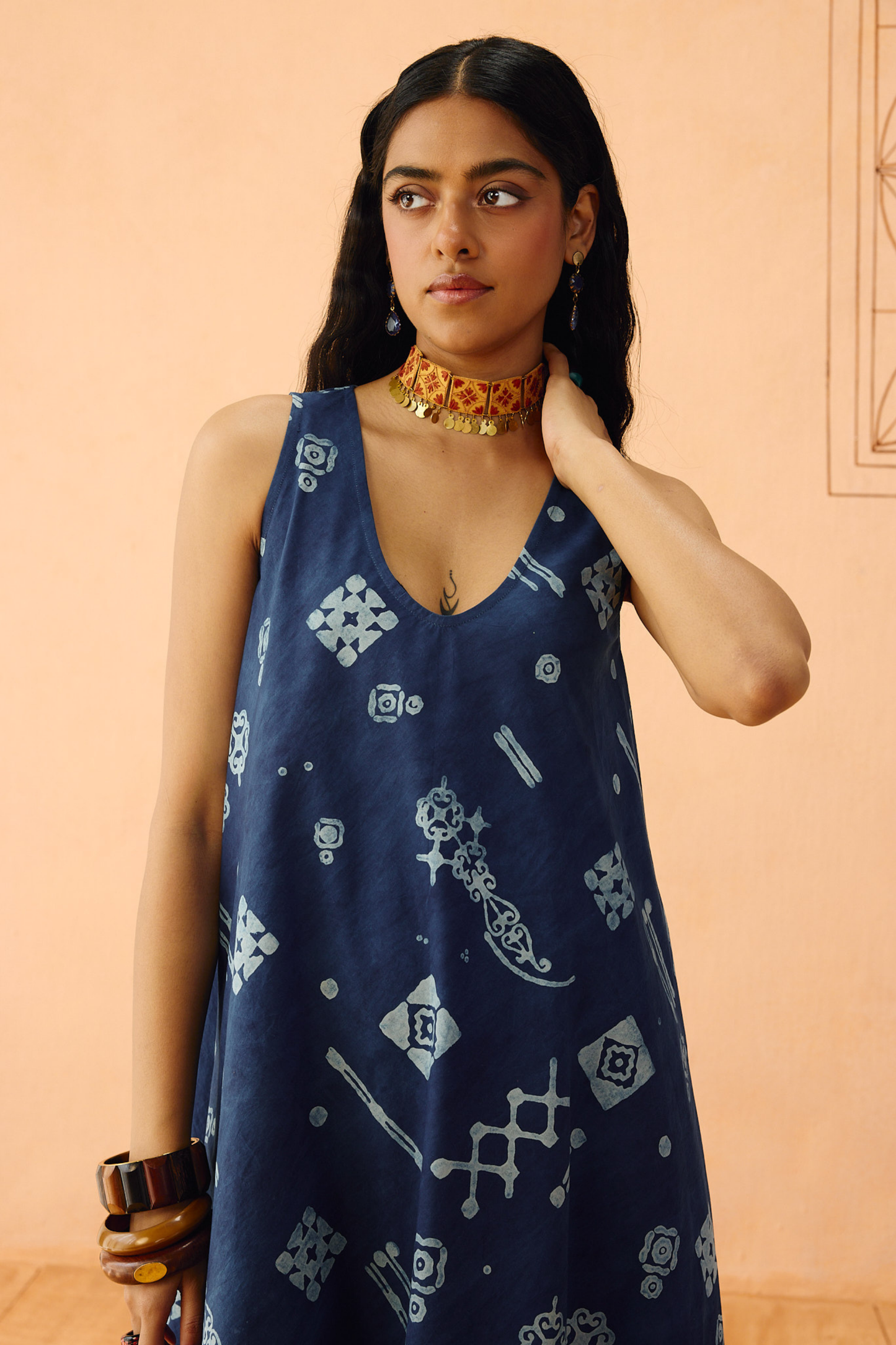 Indigo Ornament Organic Cotton Maxi Dress