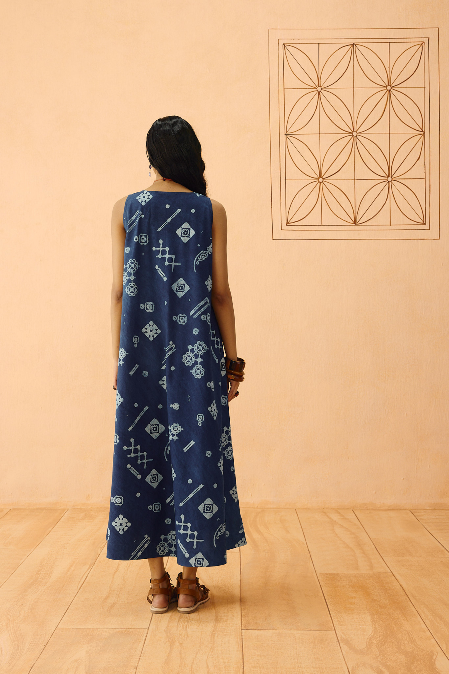Indigo Ornament Organic Cotton Maxi Dress