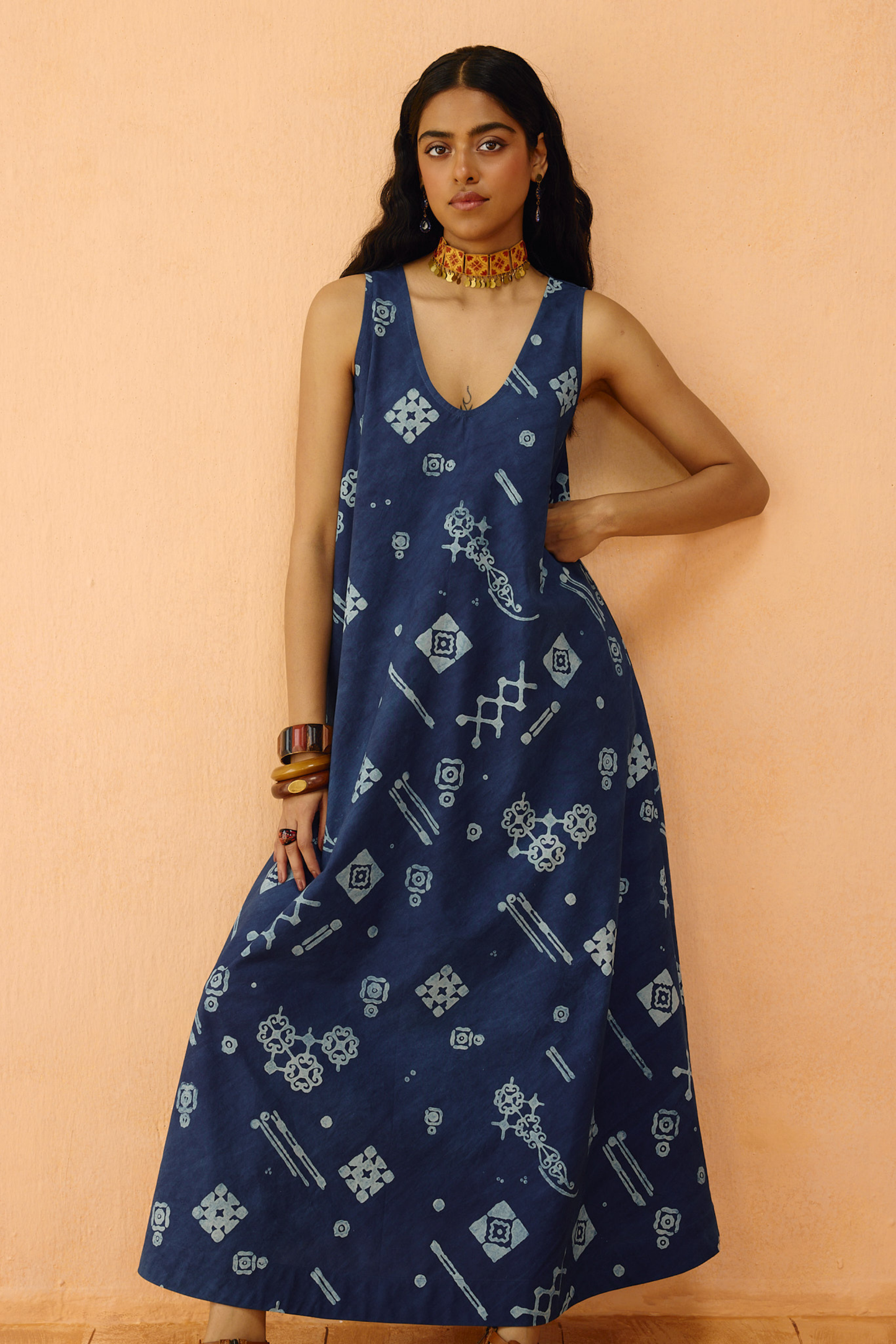 Indigo Ornament Organic Cotton Maxi Dress