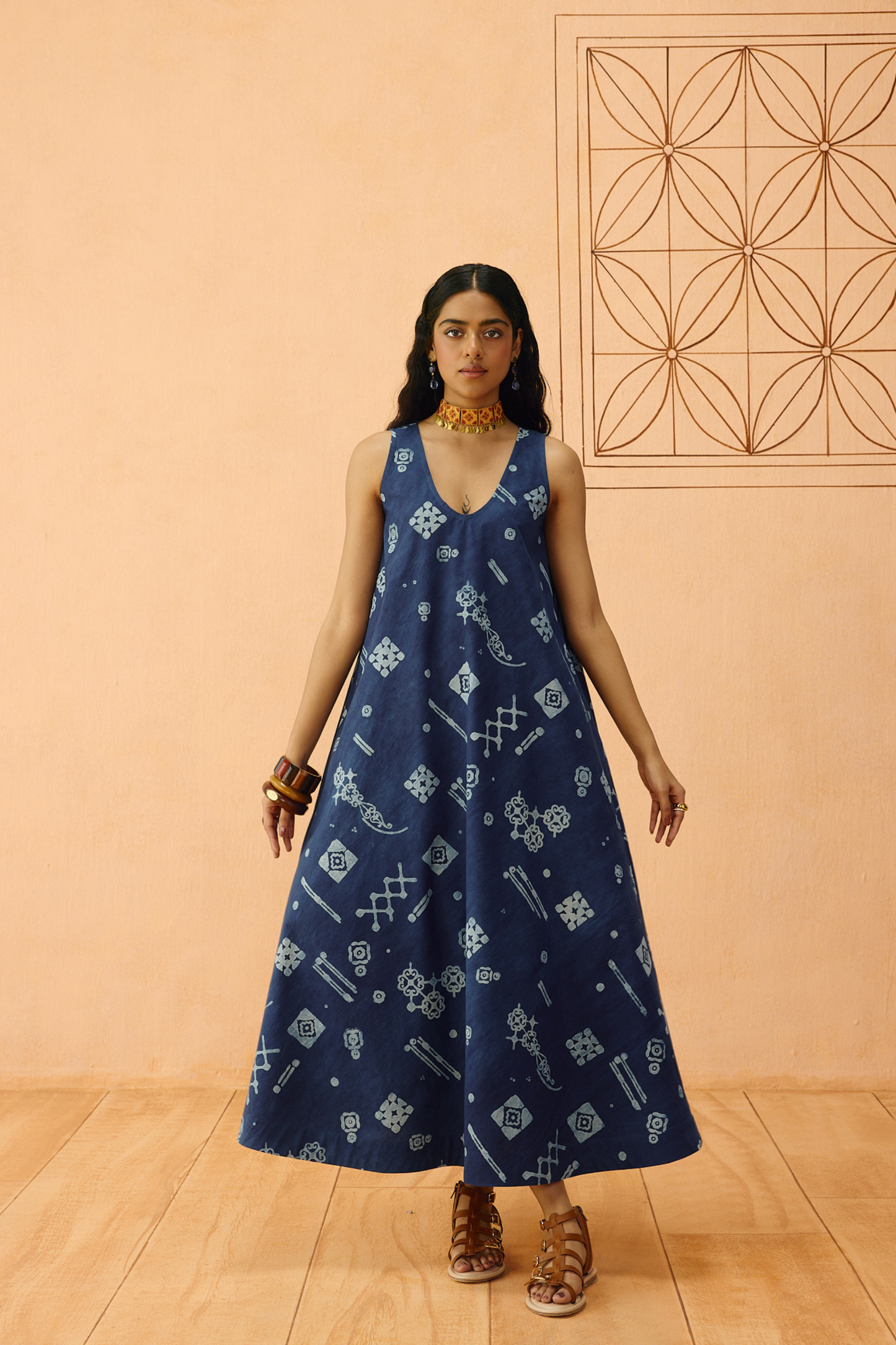 Indigo Ornament Organic Cotton Maxi Dress