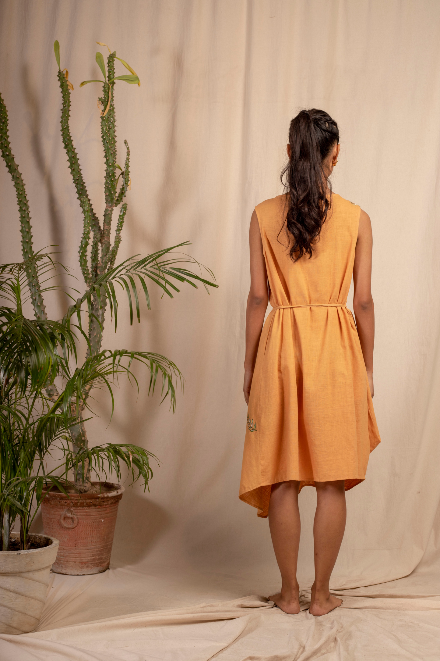 Sui | DEL MARE embroidered, herbal-dyed handwoven organic cotton asymmetrical belted dress from Granita Summer Collection 2019