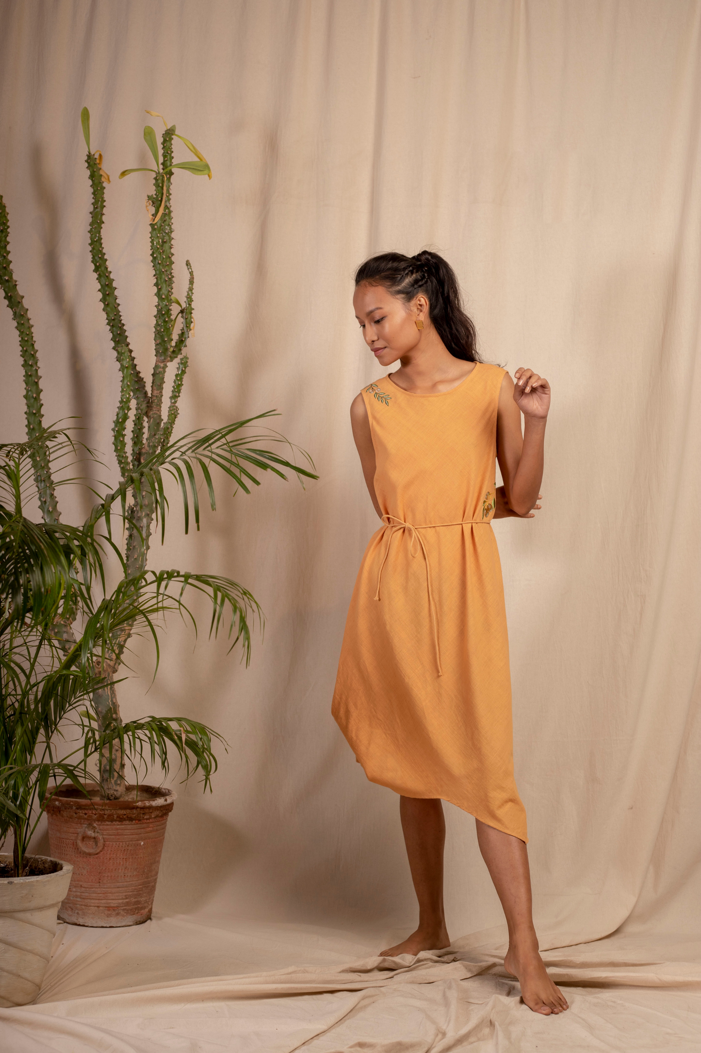 Sui | DEL MARE embroidered, herbal-dyed handwoven organic cotton asymmetrical belted dress from Granita Summer Collection 2019