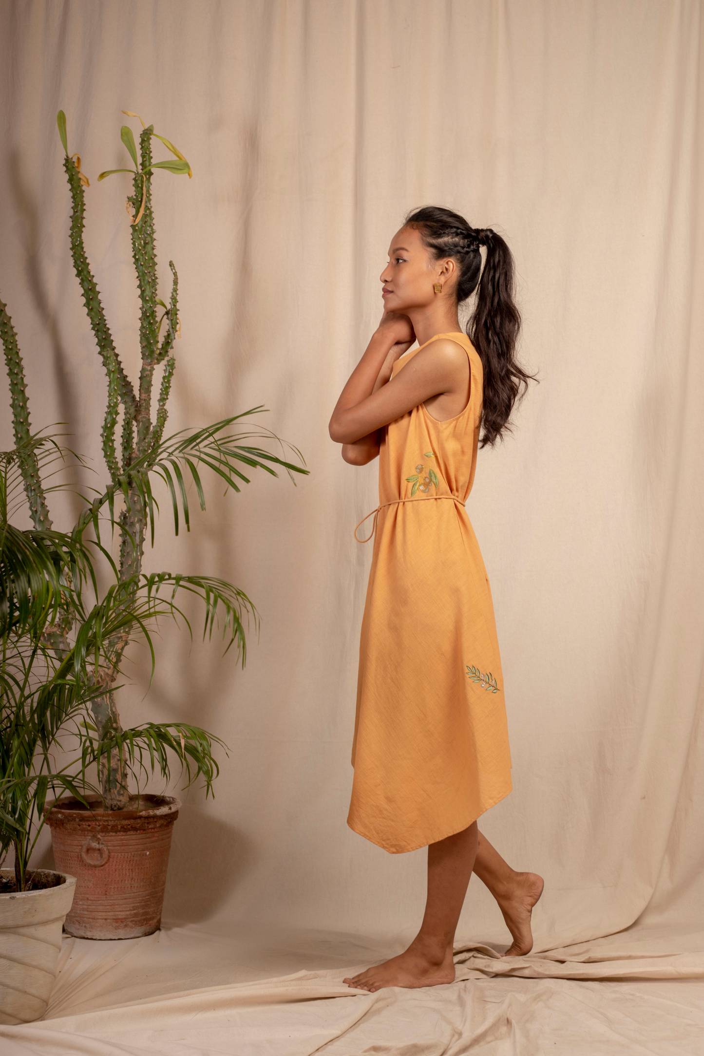 Sui | DEL MARE embroidered, herbal-dyed handwoven organic cotton asymmetrical belted dress from Granita Summer Collection 2019