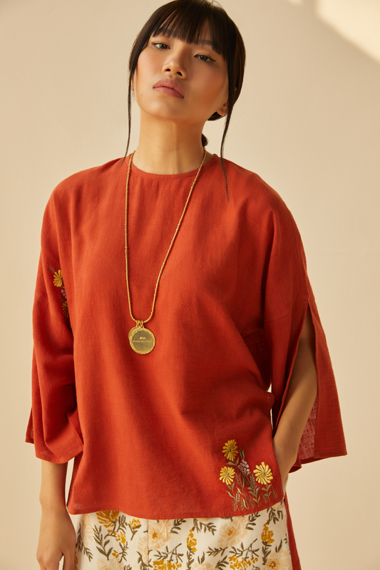 sunflower meadow slit sleeve handwoven organic cotton top