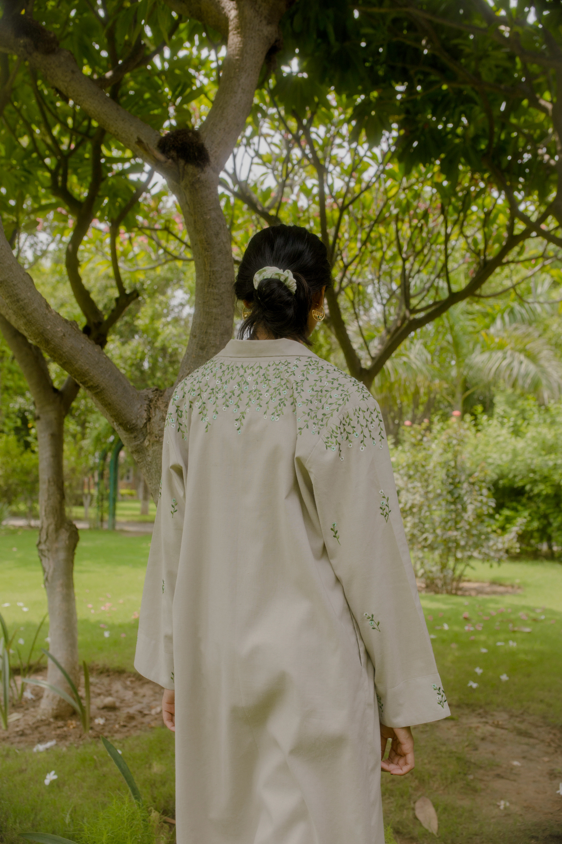 Sui | THE VALLEY embroidered, herbal-dyed hemp jacket accentuated with embellished buttons from Flow Winter Collection 2019